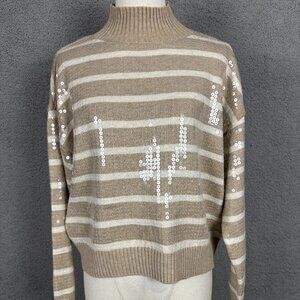 On 34th Women's Sequined Striped Mock-Neck Long Sleeve Sweater Sandcastle Small.